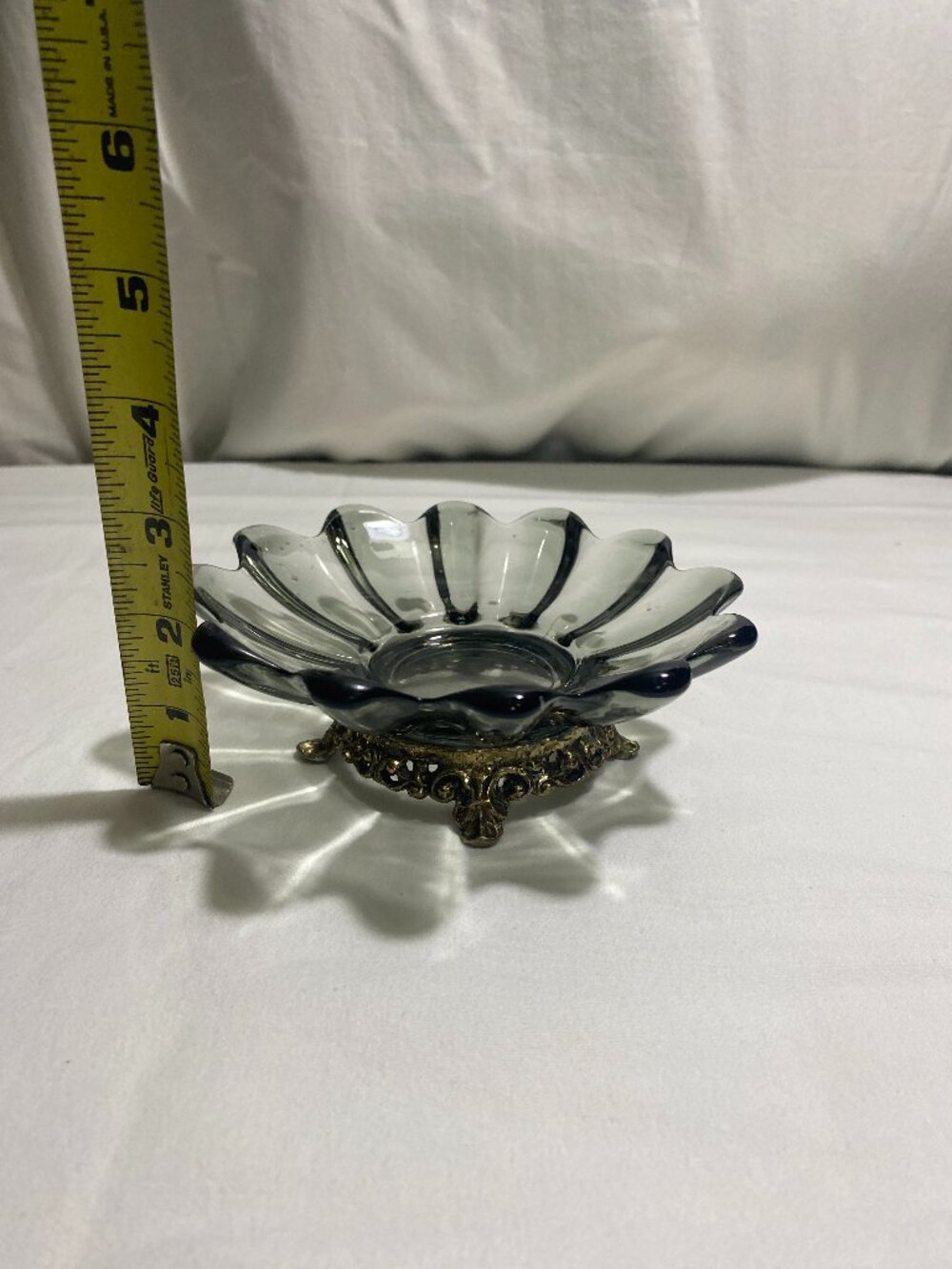 Vintage Smoky Gray Glass Trinket Dish w/ Ornate Gold Tone Metal Footed Base
